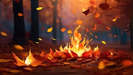 Leaves of Fire : Autumn leaves, flickering and dancing in a mesmerizing display of colour and light , Generative AI