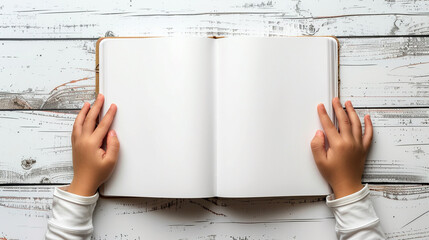 Child's hands with blank book on light background - 745836784