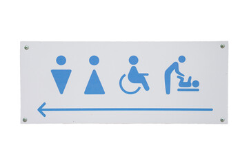 a gray sign of a public toilet with silhouettes of men, women, the disabled and people with infants, as well as an arrow showing the right direction. Isolated on white background