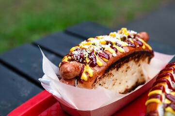 Delicious hot dog from the food truck. Hot dog on the red tray. delicious toasted slices of bread and sausage flavored with ketchup and mustard. snack in the park.