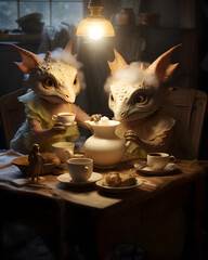 Tea sessions for tiny baby cute dragons fantansy fable tale © siangphong