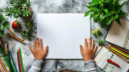 Child's hands with blank book on light background - 745836987