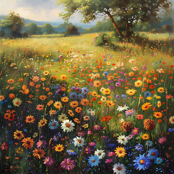 autumn landscape with a field of flowers meadows wildflowers blooming colours