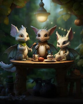 Tea party for tiny cute dragons tales fables gathering