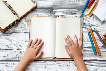 Child's hands with blank book on light background - 745837388