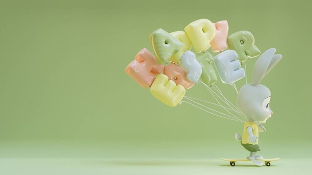 Seamless looping animation of cute bunny riding skateboard with colorful Easter balloons. 3D animation
