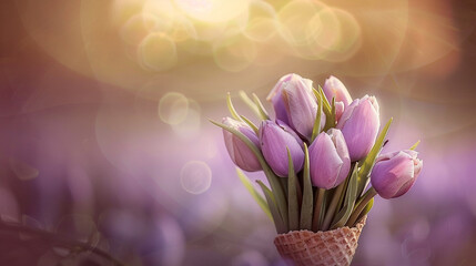 Waffle cone with tulips. Flower ice cream, spring concept - 745837519