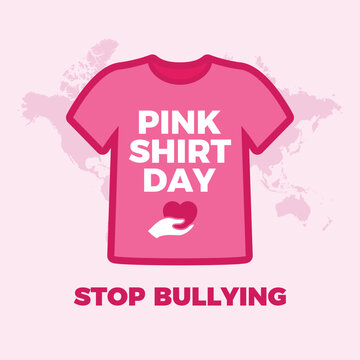 Pink Shirt Day - Stop bullying campaign poster vector illustration. Pink t-shirt with text icon. Heart in the palm of your hand symbol. Suitable for card, background, banner. Important day