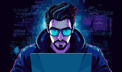 Computer technician nerd geek with sunglasses in front of a screen vector