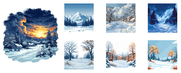 Blizzard, natural disaster, snowstorm clipart vector illustration set