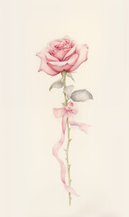 Vintage Pink Rose Illustration with Elegant Ribbon