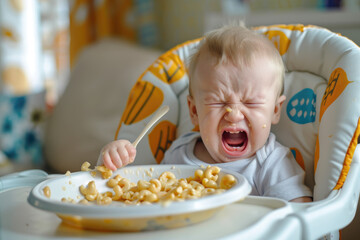 Little baby girl crying and screaming during eating, angry baby boy doesn't want to eat