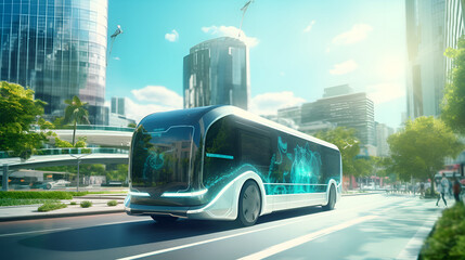 Futuristic Electric Bus  Gliding Along Urban road without releasing any type of pollution that is eco friendly technology background