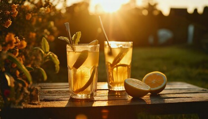 Two glasses of lemonade on wooden table in garden. Tasty and refreshing summer drink.