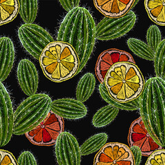 Cactus and lemon slice seamless pattern. Embroidery. Mexican culture style. Spring dessert. Fashion template for kids clothes, t-shirt design - 745838526