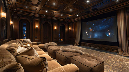 A state-of-the-art home theater room with a large screen.