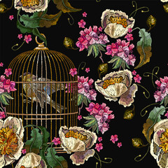 Caged birds, yellow peonies and geranium flowers. Fashion embroidery seamless pattern. Template for clothes, textiles, t-shirt design - 745838570