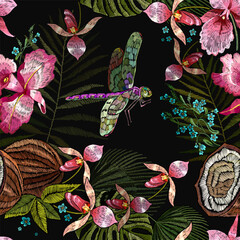 Tropical pattern. Pink orchids flowers, dragonflies, coconut and palm leaves seamless background. Fashionable template for design of clothes, textiles. Embroidery. Jungle night - 745838590
