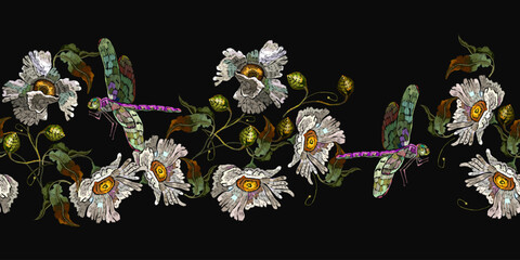 White chamomile flowers and colorful dragonflies. Fashion summer floral template for clothes, t-shirt design