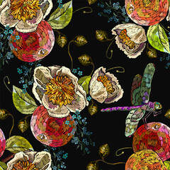 Embroidery apples fruits, meadow herbs, dragonflies and yellow peonies flowers seamless pattern. Summer garden template for clothes, textiles, t-shirt design - 745838719