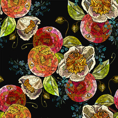 Embroidery apples fruits and yellow peonies flowers seamless pattern. Summer garden template for clothes, textiles, t-shirt design - 745838764