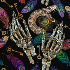 Сolorful feathers, snake head and skeleton hands. Occult and esoteric background. Black magic illustration. Alchemy seamless pattern. Embroidery gothic art - 745838784