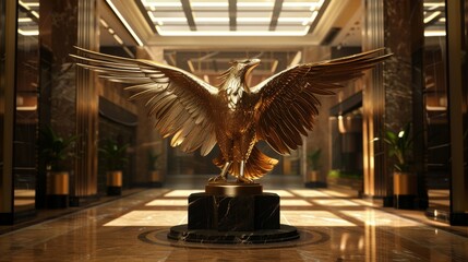 A 3D render of a phoenix as a majestic statue in a corporate lobby, symbolizing the transformational power of business recovery - obrazy, fototapety, plakaty