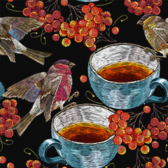 Autumn seamless pattern. Embroidery cup of tea, birds and mountain ash berries. Fall garden template of clothes, tapestry, t-shirt design - 745838963
