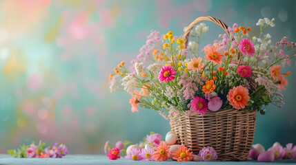 Fototapeta na wymiar Vibrant spring flowers in a wicker basket with a blurred background. Springtime and nature concept. Design for greeting card, invitation, poster, Cheerful Easter basket brimming