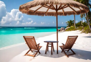 Fototapeta na wymiar White sand, chairs and umbrella on the beach. crystal clear water. travel tourist-