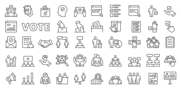 Vote icons in line design. Vote, election, democracy, poll, ballot, voting, infographic, website, line, candidate, politics, isolated on white background vector. Vote editable stroke icons.