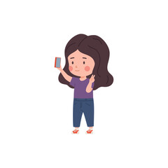 Cute little girl takes a selfie using mobile phone, vector child using gadget for photo, video recording or broadcast