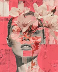 A striking digital collage combining a female portrait with vivid floral elements over a textured red and white abstract background