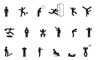 stick figure man icon, set of people, human silhouettes standing and sitting, poses and gestures