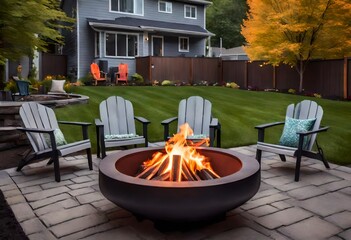 Outdoor fire pit in the backyard with lawn chairs seating on a late summer night