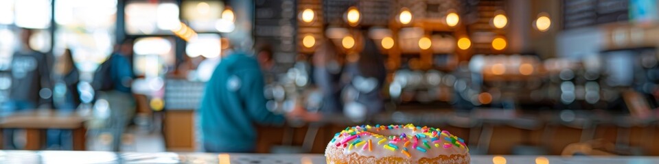 A close up of a freshly glazed doughnut with colorful sprinkles set against a backdrop of a bustling trendy cafe