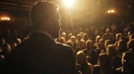 Man in a business suit speaking to a crowd of people from the podium, Diplomatic speech, debate, political activity