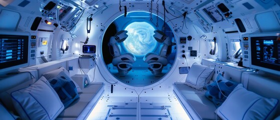 A comet observation deck in a spaceship where scientists use health monitoring apps to study effects on human physiology - obrazy, fototapety, plakaty