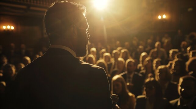 Man in a business suit speaking to a crowd of people from the podium, Diplomatic speech, debate, political activity