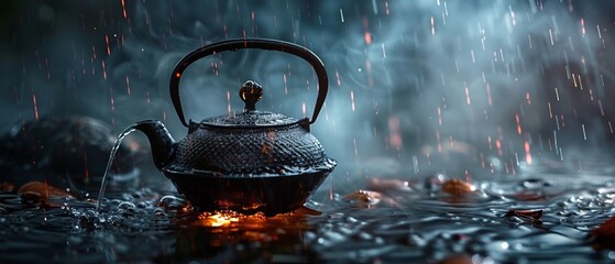 A cozy teapot set amidst a thunderstorm creating a feeling of warmth and comfort against the dramatic weather - obrazy, fototapety, plakaty