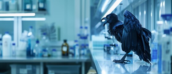A crow in a harpy genomic sequencing lab, representing the fusion of ancient myth and the cutting-edge study of DNA