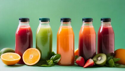 Vibrant detox juice with various flavors in glass bottles. Healthy and organic drink