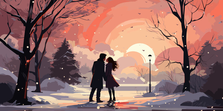couple in love woman and man kissing outside in winter snow fall romantic cute vector character