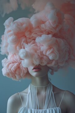 Surreal depiction of female subject with a whimsical smoke cloud instead of a head, manifesting the concept of dreamy oblivion