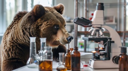 A grizzly bear in a lab coat intently examining a microscope in a high tech laboratory setting - obrazy, fototapety, plakaty