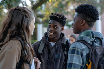 Multiracial group of happy high school students talking after class