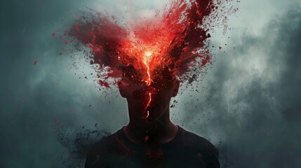 A depiction of a man's head exploding, featuring a central area filled with red hues and surrounded by white on the periphery - obrazy, fototapety, plakaty