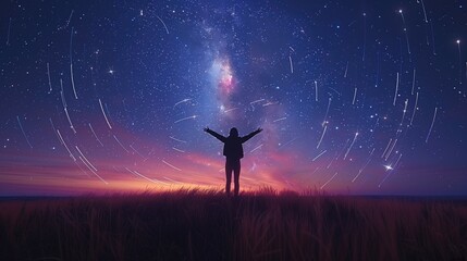 Celestial Connection.  Under a starry night sky, the silhouette of a person reaches upward with outstretched arms, as swirling energy fields spiral around them like celestial phenomena