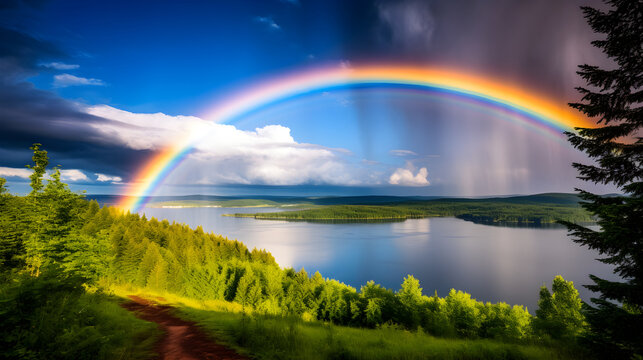 Spectacular Half-Arched Rainbow Dominating the Clear Blue Sky - A Vivid Display of Nature's Magic