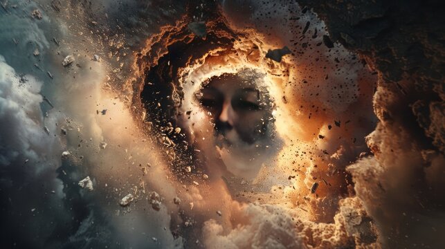 An explosive burst erupting within a tunnel shaped like a face, conveying a sense of violence and intensity